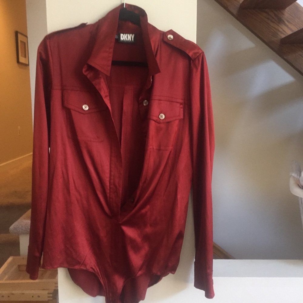 VINTAGE DKNY Silk ‘90s Bodysuit LS Red Button Down